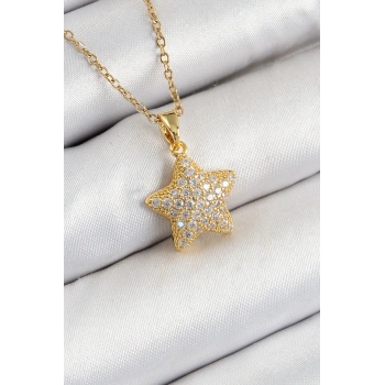 HEYF 316L Çelik Zirkon Taşlı Yıldız Model Gold Renk Kadın Kolye