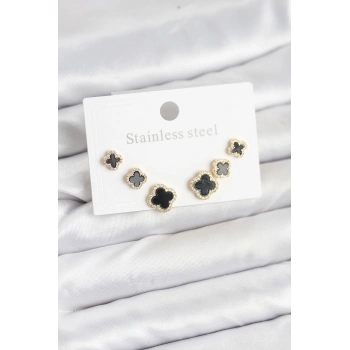 HEYF 316L Çelik Zirkon Taşlı Yonca Model Kadın Küpe Seti