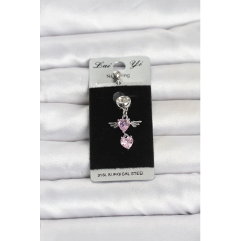 HEYF 316L Cerrahi Çelik Pembe Zirkon Taşlı Kanat Model Göbek Piercing