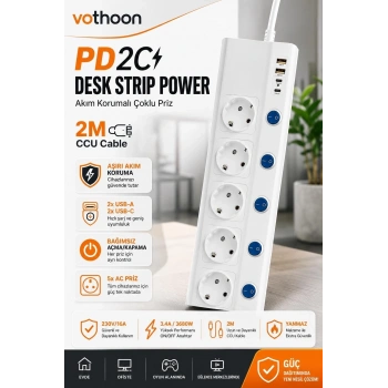 HEYF 5’li Akım Korumalı Çoklu Priz 2 Metre Kablolu 3680w 16a 5 Anahtarlı 2usb-a 2 Usb-c Pd 20w Hızlı Ftr-28