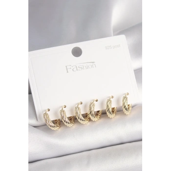 HEYF 925 Ayar Gümüş Çivi Pirinç Gold Renk İşlemeli Halka Model Kadın Küpe Seti