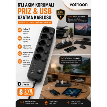 HEYF Akım Korumalı 5’li Priz 2xusb 2xtype-c Çıkış Akım Koruma Çoklu Priz Çoğaltıcı Anahtarlı Ftr-31 Siyah