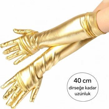 HEYF Altın Renk Dirsek Altı Lüks Saten Eldiven 40 Cm