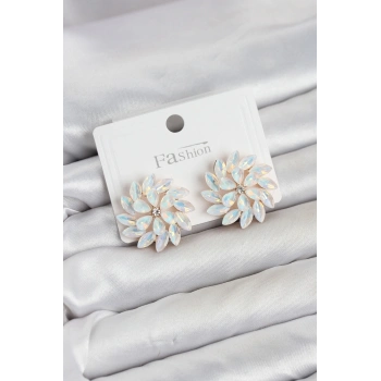 HEYF Beyaz Renk Kristal Taşlı Çiçek Model Kadın Küpe