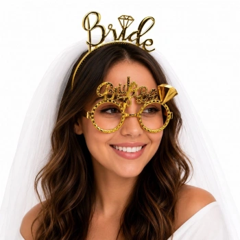 HEYF Bride Yazılı Gold Taç Ve Parti Gözlüğü Seti