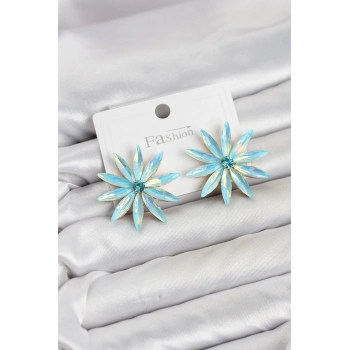 HEYF Buz Mavisi Kristal Taşlı Lotus Model Kadın Küpe