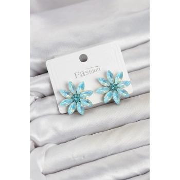 HEYF Buz Mavisi Renk Kristal Taşlı Lotus Çiçek Model Kadın Küpe