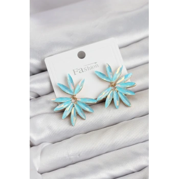 HEYF Buz Mavisi Renk Kristal Taşlı Lotus Model Kadın Küpe