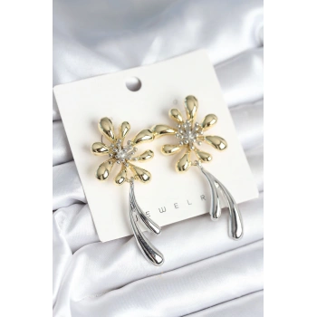 HEYF Çiçek Model Gold Gümüş Renk Kadın Küpe