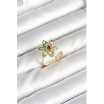 HEYF Çiçek Model Yeşil Pirinç Gold Renk Yüzük