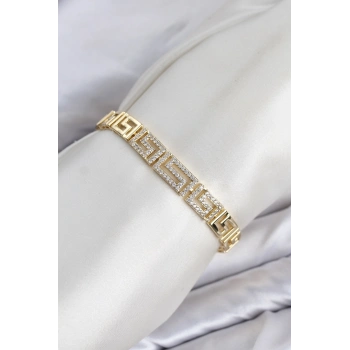 HEYF CM Labirent Model Zirkon Taşlı VIP Seri Gold Renk Pirinç Kadın Bileklik