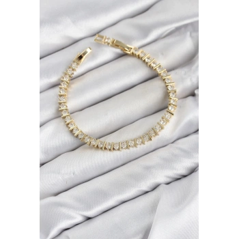 HEYF CM Şerit Model Zirkon Taşlı VIP Seri Gold Renk Pirinç Kadın Bileklik
