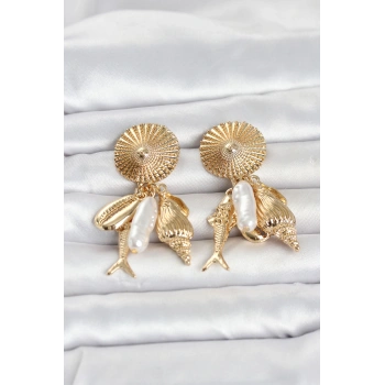 HEYF Gold Renk Deniz Temalı Vintage Kadın Küpe
