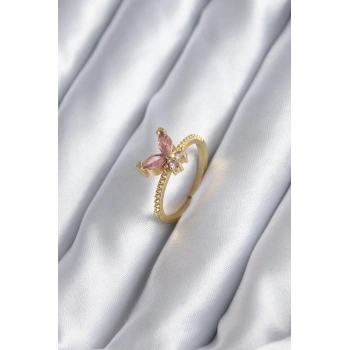 HEYF Gold Renk Pembe Zirkon Taşlı Kelebek Model Kadın Yüzük