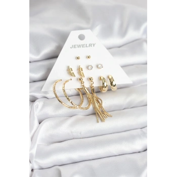 HEYF Gold Renk Pirinç Kadın 6 Çift Küpe Seti