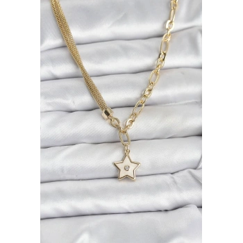 HEYF Gold Renk Pirinç Yıldız Model Kadın Kolye