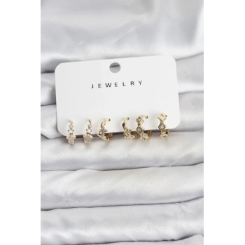 HEYF Gold Renk Pirinç Yıldız Modelli Kadın Küpe Seti