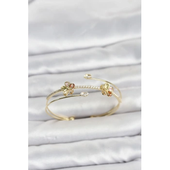 HEYF Gold Renk Pirinç Zirkon Taşlı Çiçek Model Kadın Bileklik