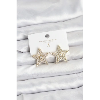 HEYF Gold Renk Pirinç Zirkon Taşlı Yıldız Model Kadın Küpe