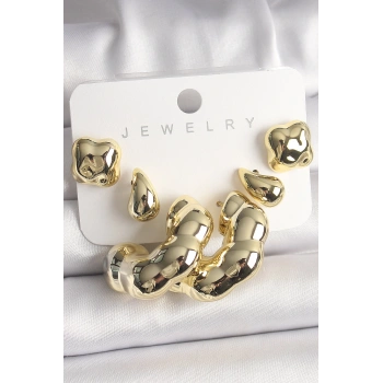 HEYF Gold Renk Yonca Damla Halka Model CCB Plastik Kadın Küpe Seti