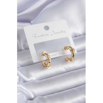 HEYF Gold Renk Zirkon Taş Detay Halka Model Pirinç Kadın Küpe