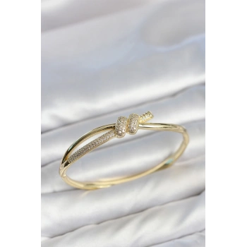 HEYF Gold Renk Zirkon Taşlı Düğüm Model Kadın Kelepçe Kadın Bileklik