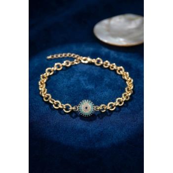 HEYF Gold Renk Zirkon Taşlı Nazar Model Pirinç Kadın Bileklik