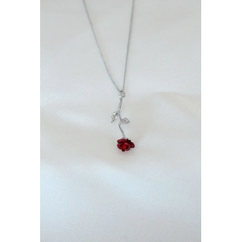HEYF Gümüş Kaplama Kırmızı Gül Figürlü Kadın Kolye