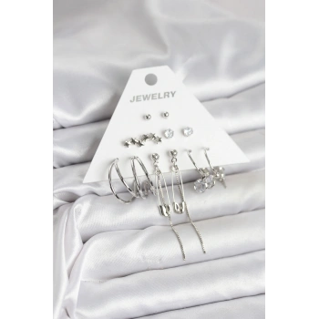 HEYF Gümüş Renk 6lı Pirinç Küpe Seti