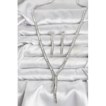 HEYF Gümüş Renk Baget Zirkon Taşlı Kadın Kolye Küpe Set