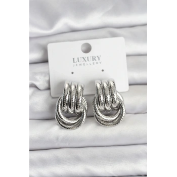 HEYF Gümüş Renk Halka Modelli Pirinç Kadın Küpe