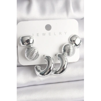 HEYF Gümüş Renk İşlemeli Daire Halka Model CCB Platik Kadın Küpe Seti