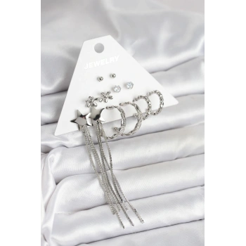 HEYF Gümüş Renk Pirinç 6 Çift Kadın Küpe Seti