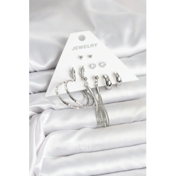 HEYF Gümüş Renk Pirinç 6 Çiftli Kadın Küpe Seti