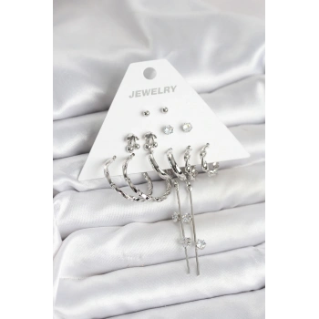 HEYF Gümüş Renk Pirinç 6lı Kadın Küpe Seti