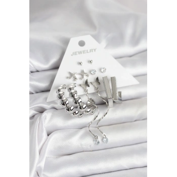 HEYF Gümüş Renk Pirinç 6lı Kadın Küpe Seti