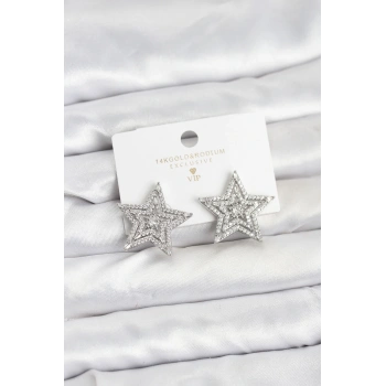 HEYF Gümüş Renk Pirinç Zirkon Taşlı Yıldız Model Kadın Küpe