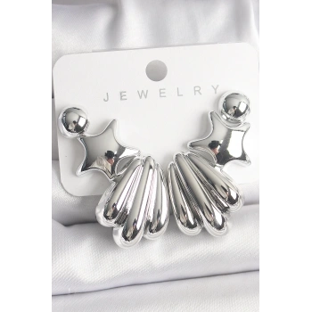 HEYF Gümüş Renk Yıldız Deniz Kabuğu Model CCB Plastik Kadın Küpe Seti