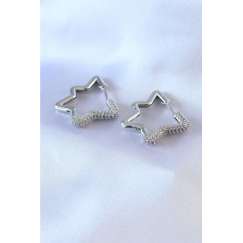 HEYF Gümüş Renk Yıldız Model Zirkon Taşlı Pirinç Kadın Küpe