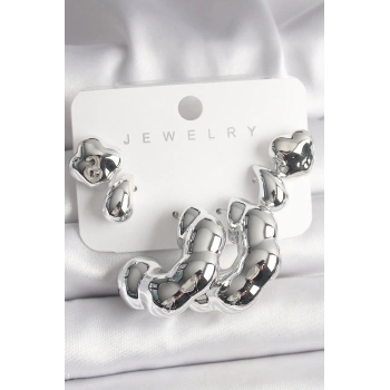 HEYF Gümüş Renk Yonca Damla Halka Model CCB Plastik Kadın Küpe Seti