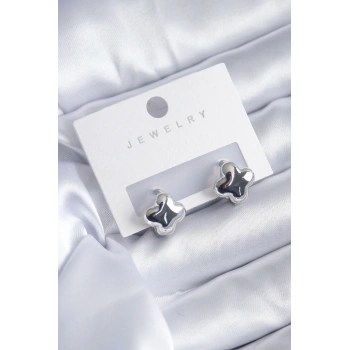 HEYF Gümüş Renk Yonca Model Pirinç Kadın Küpe