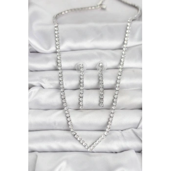 HEYF Gümüş Renk Zirkon Taşlı Kadın Kolye Küpe Seti