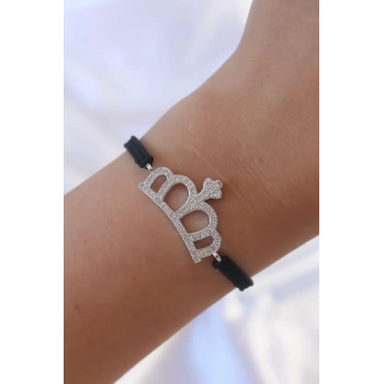 HEYF Gümüş Renk Zirkon Taşlı Taç Figür Makrome Bileklik