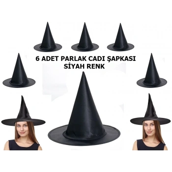 HEYF Halloween Siyah Renk Parlak Dralon Cadı Şapkası Yetişkin Ve Çocuk Uyumlu 6 Adet