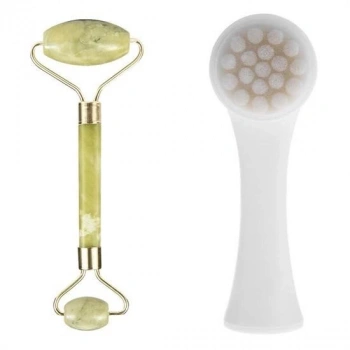 heyf HEYF® 2li Set Çift Taraflı Cilt Temizleme Fırçası ve Yeşim Taşı Çift Taraflı Cilt Masaj Aleti