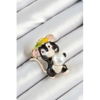 HEYF İnci Detaylı Siyah Ve Pembe 3D Sevimli Fare Figürlü Gold Renk Kadın Broş