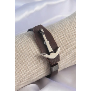 HEYF Kahverengi Deri Model Gümüş Renk Çapa Figür Erkek Bileklik