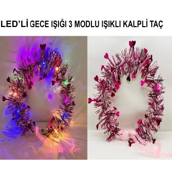HEYF Kalp Püsküllü Gece Parıltısı 3 Modlu Led39li Işıklı Taç Fuşya Renk