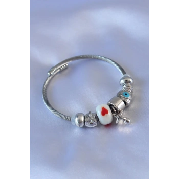 HEYF Kalp ve Nazar Boncuk Detaylı Charm Kadın Bileklik