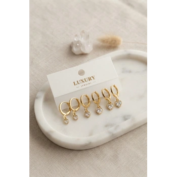 HEYF Kalp Zirkon Taşlı Gold Renk Pirinç Set Küpe